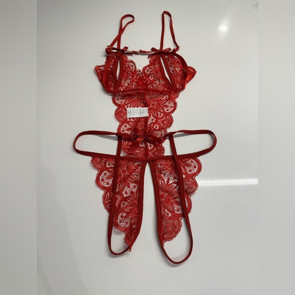 Red Floral Lace Sexy Crotchless Lingerie one piece bodysuit w bows Small New - Picture 6 of 8